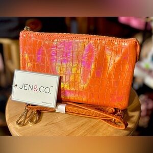 NWT Jen & Co Iridescent Vegan Snakeskin Print Orange Wristlet Crossbody …​